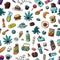 Vector hand drawn CBD infused products doodle pattern. Seamless background with sativa infused muffin, cake, gunnies