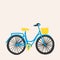 Vector hand drawn city bike in flat style. Bicycle with step-through blue frame and front wicker yellow