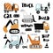 Vector hand-drawn color children's set with illustration, poster, print with a cute trucks and lettering in Scandinavian