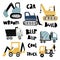 Vector hand-drawn color children's set with illustration, poster, print with a cute trucks and lettering in Scandinavian