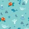 Vector hand-drawn colored childish seamless repeating simple flat pattern with whales in scandinavian style on a white background
