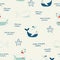 Vector hand drawn colored childish seamless repeating simple flat pattern with whales and starfish in scandinavian style