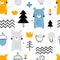 Vector hand-drawn colored childrens seamless repeating pattern with cute bears, trees, birds on a white background