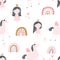 Vector hand-drawn colored childrens seamless repeating pattern with cute girls princesses in a dress with a crown