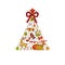 Vector hand drawn colored christmas tree, made of xmas elements with santa, gifts, bows and bells