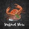 Vector hand drawn colored seafood elements composition on dark gradient background with lettering for seafood store or