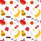 Vector hand drawn colorful fruit seamless pattern with pears, cherries, berries.