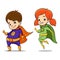 Vector hand drawn colorful illustration of two happy super hero kid