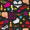 Vector hand drawn drawing doodle seamless pattern with the inscription `Girl`s power` and female things isolated on black backg