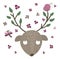 Vector hand drawn flat deer muzzle with big antlers, flowers, butterfly. Funny scene with woodland animal. Cute forest animalistic