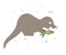 Vector hand drawn flat otter eating fish. Funny woodland animal. Cute forest animalistic illustration for childrenâ€™s design,