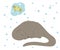 Vector hand drawn flat sleeping otter dreaming of fish. Funny woodland animal. Cute forest animalistic illustration for children