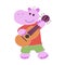 Vector hand drawn funny pink hippo playing the guitar or ukulele