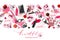 Vector hand drawn graphic fashion sketch Cosmetics with cherry blossoms. Isolated elements.Cosmetics, lipstick, nail