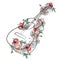 Vector hand drawn graphic illustration of guitar with flowers, leaves. Sketch drawing, doodle style. Artistic abstract line art.