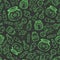 Vector hand drawn green alchemy bottles seamless pattern on the dark gray spider web background.