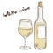 Vector hand drawn illustration of bottle and glass of white wine