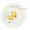 Vector hand-drawn illustration of a cute jumping yellow duckling with green plants and a text
