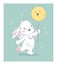 Vector hand drawn illustration with cute little baby rabbit hold air balloon isolated.