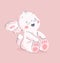 Vector hand drawn illustration with cute little baby rabbit sit and laugh isolated on pink background.