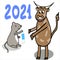 Vector hand drawn illustration in doodle style with symbol of the 2021 year,rat and bull from chinese zodiac with mask