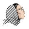 Vector hand drawn illustration of girl in shawl and glasses .