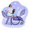 Vector hand drawn illustration - a girl in a wheelchair. behind there is a woman who helps her