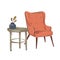 Vector hand drawn illustration of the interior. Chair, table, cozy home. Huge. Isolated background