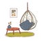 Vector hand-drawn illustration of the interior. Hammock, pillow, cozy home. Hygge. Isolated background