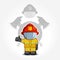 Vector hand drawn illustration. Isolated character firefighter in protective suit stands and raises his finger up. Smoke on a blue