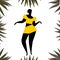 Vector hand drawn illustration of Latino, Caribbean, African woman dancing. Black silhouette on the tropical background.