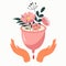 Vector hand drawn illustration - menstrual cup with flowers and hands