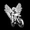 Vector hand drawn illustration of motorcyclist with wings.