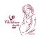 Vector hand-drawn illustration of pregnant elegant woman expecting baby, sketch.