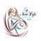 Vector hand-drawn illustration of pregnant elegant woman expecting baby, sketch. Obstetrics and gynecology clinic advertising ban