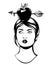 Vector hand drawn illustration of pretty girl with apple on her head with arrow isolated .