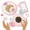 Vector hand drawn illustration - still life with coffee, croissant, female hands, phone and flowers.