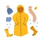 Vector hand drawn illustration of warm apparel and outfit for cool autumn weather, yellow rubber boots and raincoat. Doodle icons