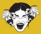 Vector hand drawn illustration of wasp. Portrait of screaming girl with open mouth.
