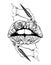 Vector hand drawn illustration of woman hand holding artistic brush and baroque surreal lips.
