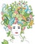 Vector hand drawn illustration woman portrait with floral hair, flowers and leaves for adult coloring book. Vector