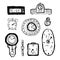 Vector hand drawn ink black and white cartoon illustration of different clocks