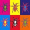 Vector hand drawn ink illustration of few multicolored spiders