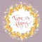 Vector hand drawn inscription Time is flying in a round frame of flowers and white flying dandelion and golden glitters