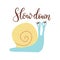 Vector hand drawn inspirational lettering - Slow down. Motivational sketch style phrase with hand drawn Snail character for poster