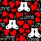 Vector hand drawn line red, black and white hearts, lettering and cats seamless background