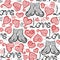 Vector hand drawn line red, black and white hearts, lettering and cats seamless background