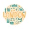 Vector hand drawn London attractions in cartoon style framed in circle