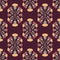 Vector Hand Drawn Meadow Florals Symmetrical Design on Claret seamless pattern background