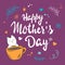 Vector hand drawn mothers day lettering with white kitty and cup of coffee, besides branches, swirls, flowers and quote